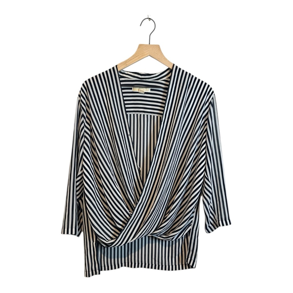 MICHAEL Michael Kors Women’s Large Dark Navy & White Striped Long Sleeve Blouse